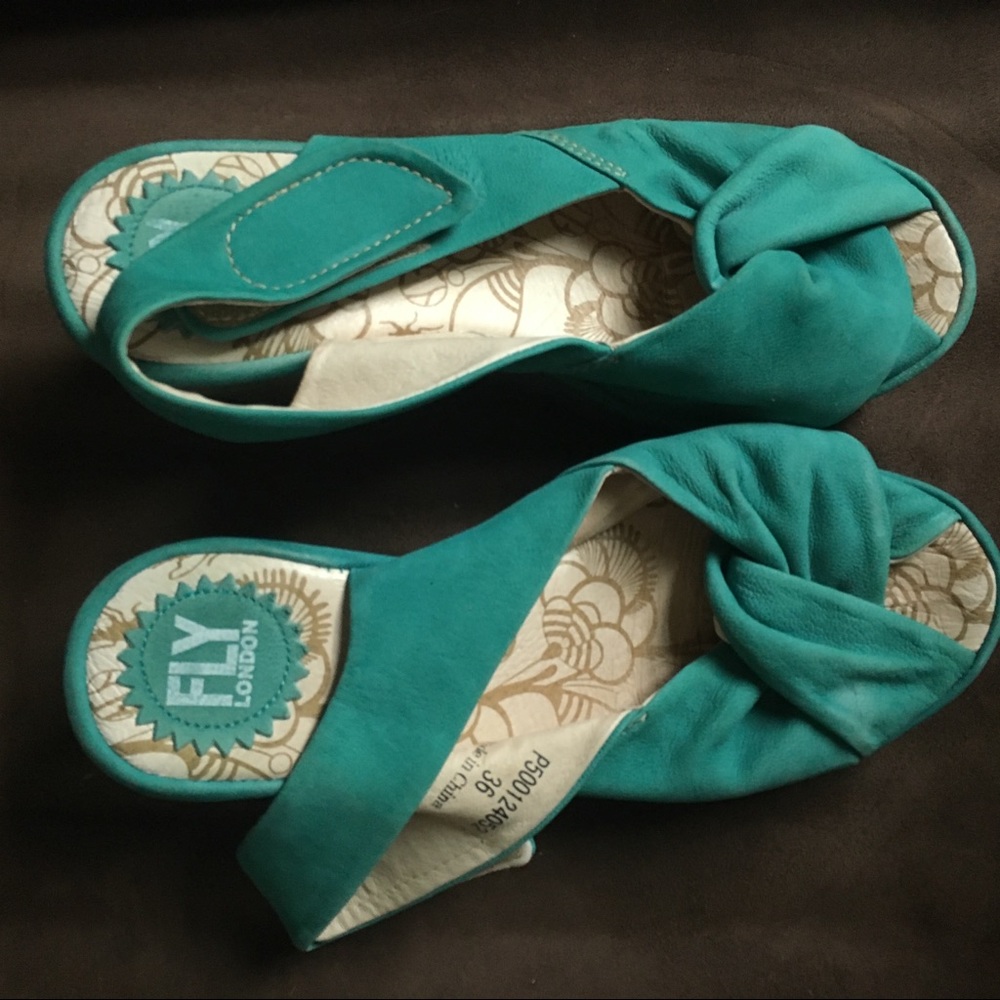 Turquoise Fly London peep toe wedges